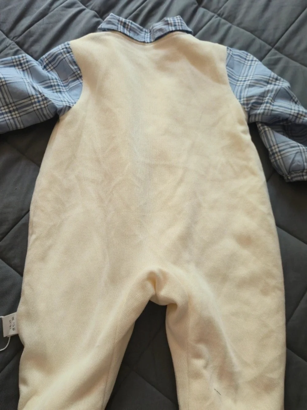 Cream & Blue Puppy Appliqué Footed One-Piece with Bow